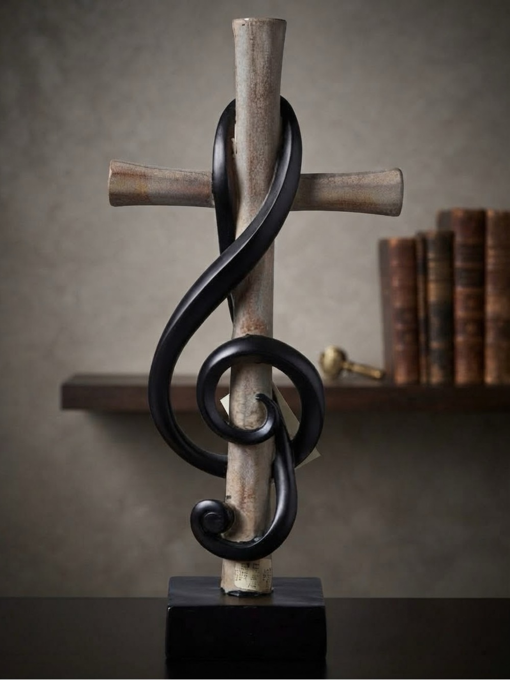 Dicksons Cross w/Intertwined Treble Clef 5 x 11.5 Resin Stone Tabletop Figure
